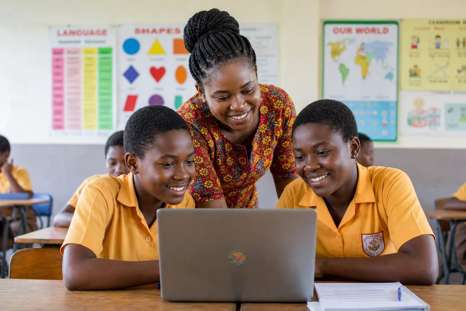 A teacher guiding students on a laptop